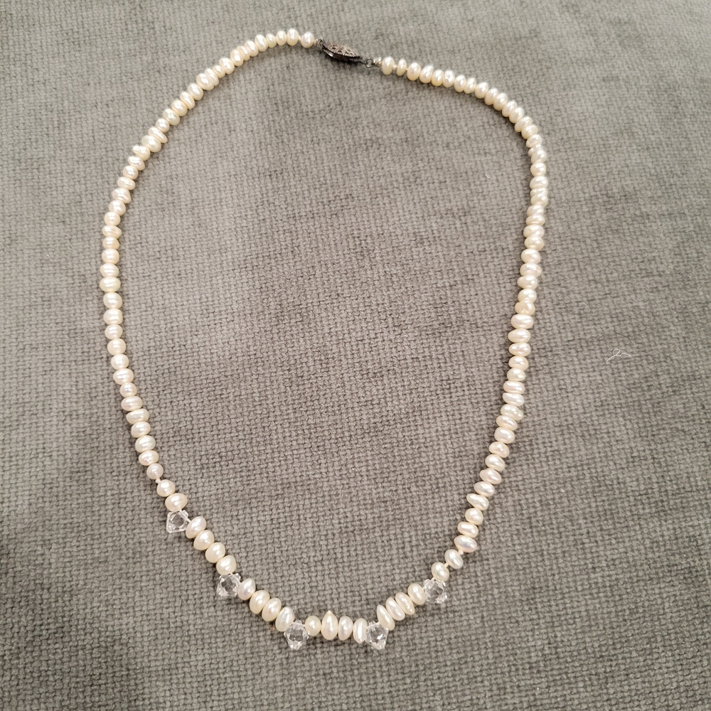 Pearl and Crystal Necklace w/Sterling Silver Clasp